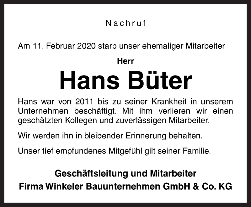  Traueranzeige für Hans Büter vom 14.02.2020 aus Neue Osnabrücker Zeitung GmbH & Co. KG