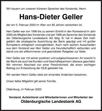Traueranzeige von Hans-Dieter Geller von Neue Osnabrücker Zeitung GmbH & Co. KG