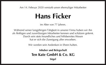 Traueranzeige von Hans Ficker von Neue Osnabrücker Zeitung GmbH & Co. KG