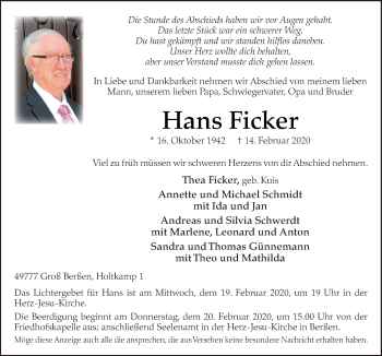 Traueranzeige von Hans Ficker von Neue Osnabrücker Zeitung GmbH & Co. KG