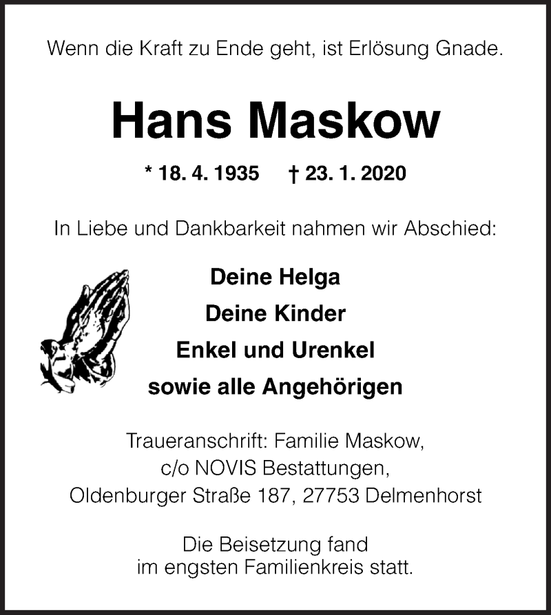  Traueranzeige für Hans Maskow vom 12.02.2020 aus Neue Osnabrücker Zeitung GmbH & Co. KG