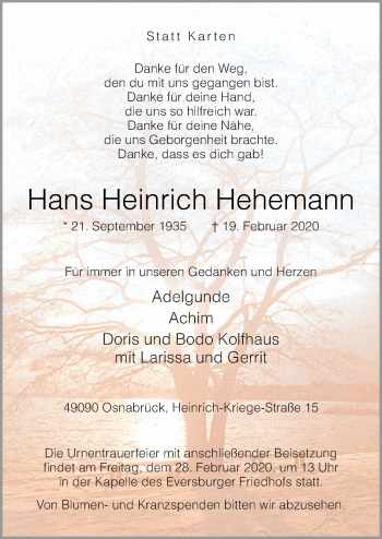 Traueranzeige von Hans Heinrich Hehemann von Neue Osnabrücker Zeitung GmbH & Co. KG