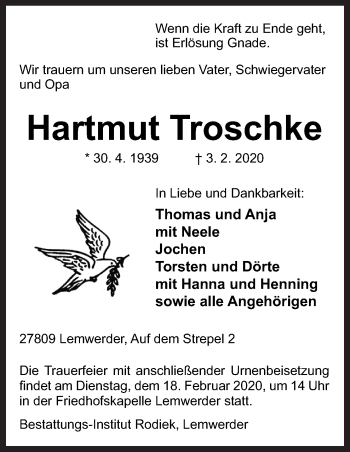 Traueranzeige von Hartmut Troschke von Neue Osnabrücker Zeitung GmbH & Co. KG