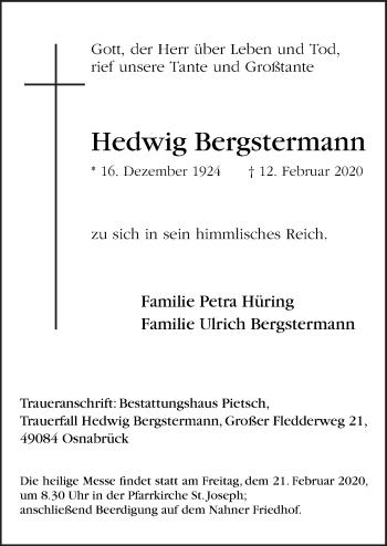 Traueranzeige von Hedwig Bergstermann von Neue Osnabrücker Zeitung GmbH & Co. KG