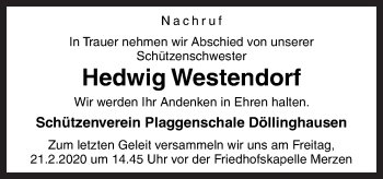 Traueranzeige von Hedwig Westendorf von Neue Osnabrücker Zeitung GmbH & Co. KG