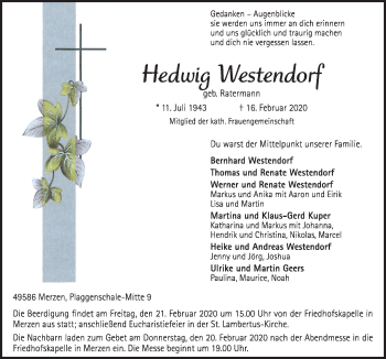 Traueranzeige von Hedwig Westendorf von Neue Osnabrücker Zeitung GmbH & Co. KG