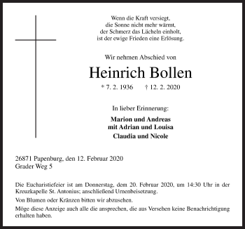Traueranzeige von Heinrich Bollen von Neue Osnabrücker Zeitung GmbH & Co. KG