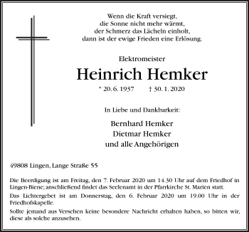 Traueranzeige von Heinrich Hemker von Neue Osnabrücker Zeitung GmbH & Co. KG