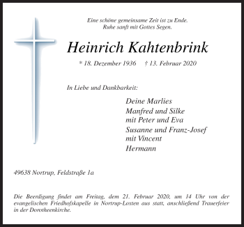 Traueranzeige von Heinrich Kahtenbrink von Neue Osnabrücker Zeitung GmbH & Co. KG