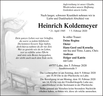 Traueranzeige von Heinrich Koldemeyer von Neue Osnabrücker Zeitung GmbH & Co. KG