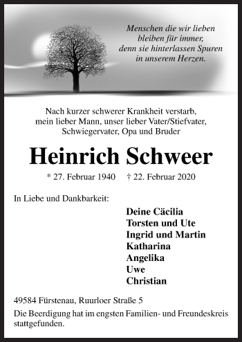 Traueranzeige von Heinrich Schweer von Neue Osnabrücker Zeitung GmbH & Co. KG