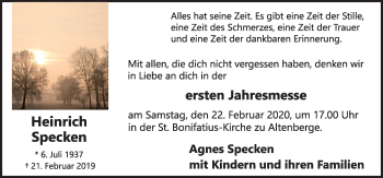 Traueranzeige von Heinrich Specken von Neue Osnabrücker Zeitung GmbH & Co. KG