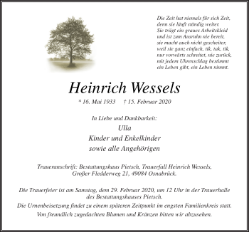 Traueranzeige von Heinrich Wessels von Neue Osnabrücker Zeitung GmbH & Co. KG