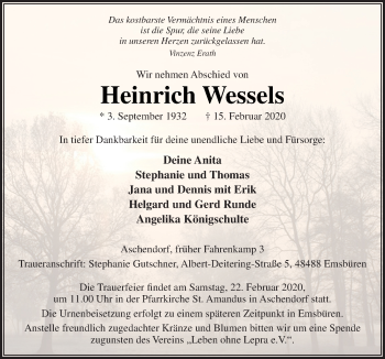 Traueranzeige von Heinrich Wessels von Neue Osnabrücker Zeitung GmbH & Co. KG