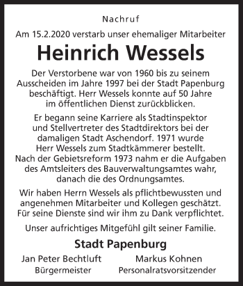 Traueranzeige von Heinrich Wessels von Neue Osnabrücker Zeitung GmbH & Co. KG
