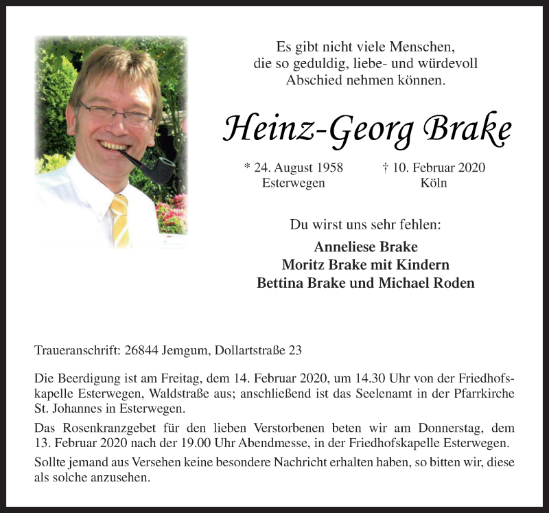  Traueranzeige für Heinz-Georg Brake vom 13.02.2020 aus Neue Osnabrücker Zeitung GmbH & Co. KG