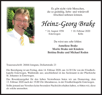 Traueranzeige von Heinz-Georg Brake von Neue Osnabrücker Zeitung GmbH & Co. KG