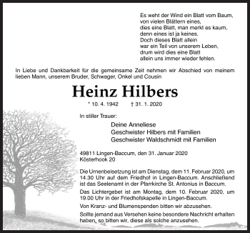 Traueranzeige von Heinz Hilbers von Neue Osnabrücker Zeitung GmbH & Co. KG