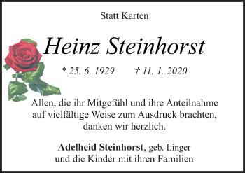Traueranzeige von Heinz Steinhorst von Neue Osnabrücker Zeitung GmbH & Co. KG