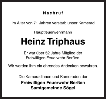 Traueranzeige von Heinz Triphaus von Neue Osnabrücker Zeitung GmbH & Co. KG