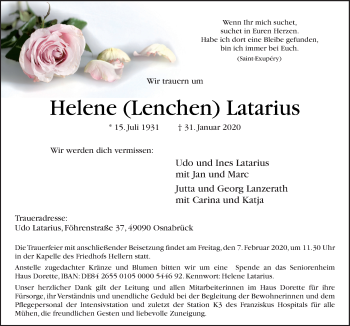 Traueranzeige von Helene Latarius von Neue Osnabrücker Zeitung GmbH & Co. KG