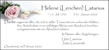 Traueranzeige von Helene Latarius von Neue Osnabrücker Zeitung GmbH & Co. KG