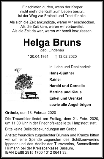 Traueranzeige von Helga Bruns von Neue Osnabrücker Zeitung GmbH & Co. KG
