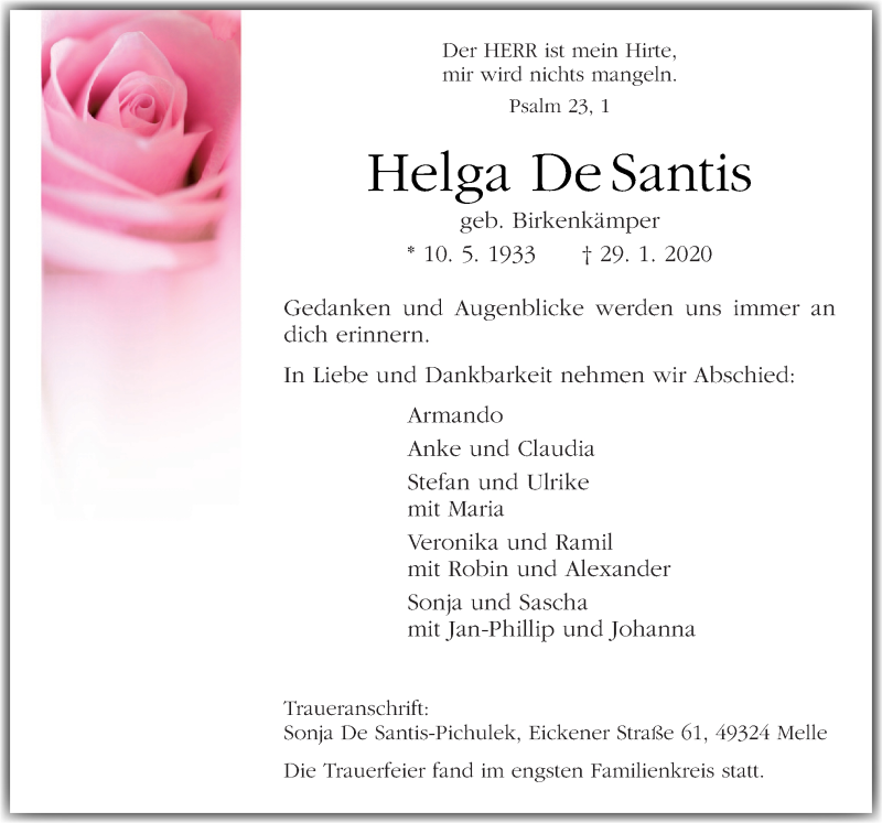  Traueranzeige für Helga De Santis vom 12.02.2020 aus Neue Osnabrücker Zeitung GmbH & Co. KG