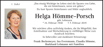 Traueranzeige von Helga Hömme-Porsch von Neue Osnabrücker Zeitung GmbH & Co. KG
