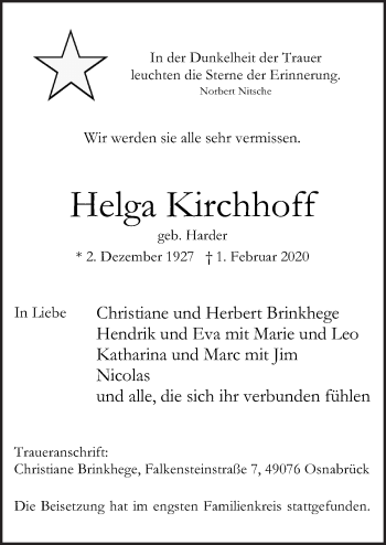 Traueranzeige von Helga Kirchhoff von Neue Osnabrücker Zeitung GmbH & Co. KG