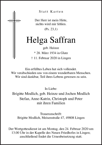 Traueranzeige von Helga Saffran von Neue Osnabrücker Zeitung GmbH & Co. KG