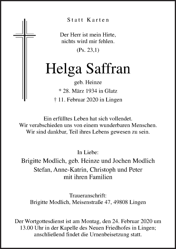  Traueranzeige für Helga Saffran vom 19.02.2020 aus Neue Osnabrücker Zeitung GmbH & Co. KG