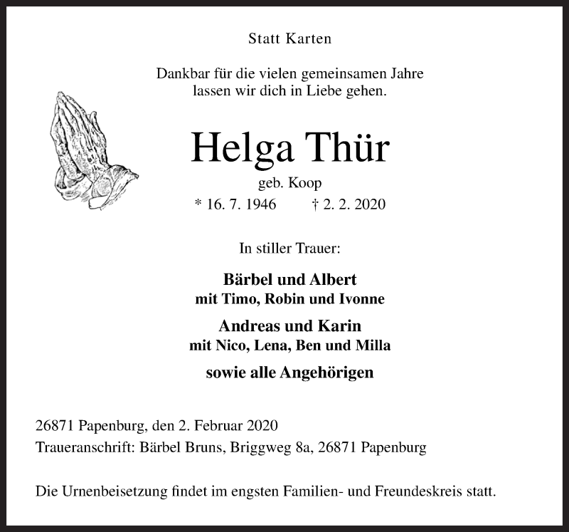  Traueranzeige für Helga Thür vom 04.02.2020 aus Neue Osnabrücker Zeitung GmbH & Co. KG