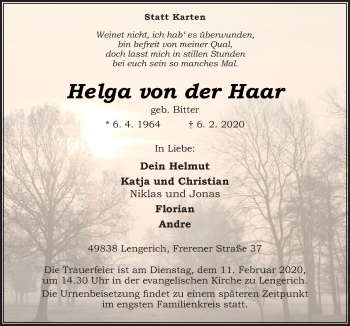 Traueranzeige von Helga von der Haar von Neue Osnabrücker Zeitung GmbH & Co. KG