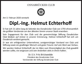 Traueranzeige von Helmut Echterhoff von Neue Osnabrücker Zeitung GmbH & Co. KG