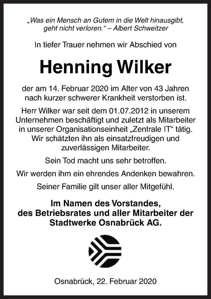 Traueranzeige für Henning Wilker vom 22.02.2020 aus Neue Osnabrücker Zeitung GmbH & Co. KG