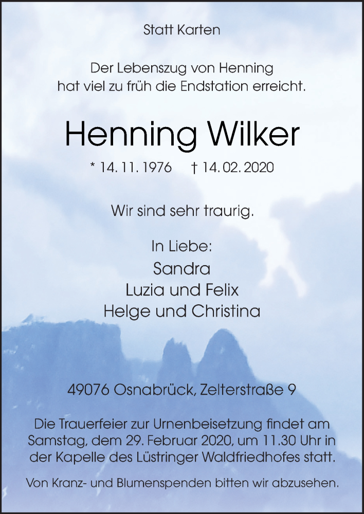  Traueranzeige für Henning Wilker vom 22.02.2020 aus Neue Osnabrücker Zeitung GmbH & Co. KG