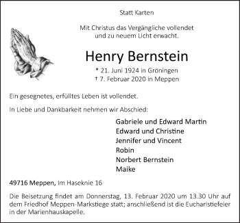Traueranzeige von Henry Bernstein von Neue Osnabrücker Zeitung GmbH & Co. KG