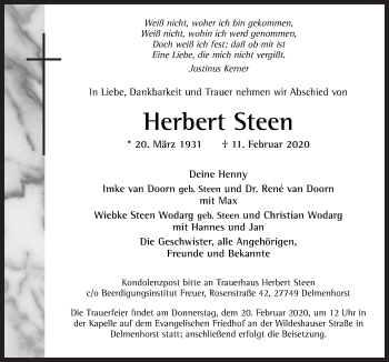 Traueranzeige von Herbert Steen von Neue Osnabrücker Zeitung GmbH & Co. KG