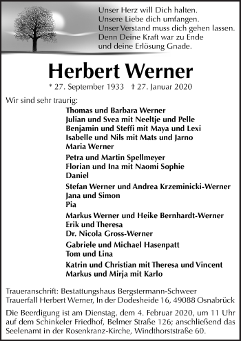 Traueranzeige von Herbert Werner von Neue Osnabrücker Zeitung GmbH & Co. KG