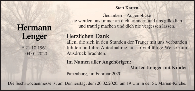  Traueranzeige für Hermann Lenger vom 15.02.2020 aus Neue Osnabrücker Zeitung GmbH & Co. KG