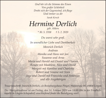 Traueranzeige von Hermine Derlich von Neue Osnabrücker Zeitung GmbH & Co. KG