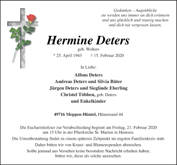 Traueranzeige von Hermine Deters von Neue Osnabrücker Zeitung GmbH & Co. KG