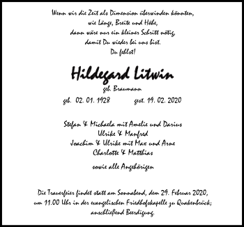 Traueranzeige von Hildegard Litwin von Neue Osnabrücker Zeitung GmbH & Co. KG