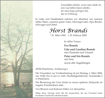 Traueranzeige von Horst Brands von Neue Osnabrücker Zeitung GmbH & Co. KG