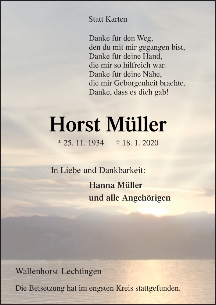  Traueranzeige für Horst Müller vom 01.02.2020 aus Neue Osnabrücker Zeitung GmbH & Co. KG