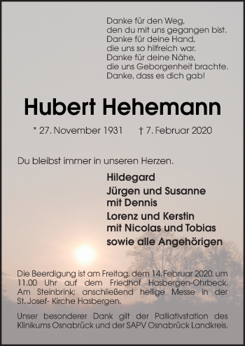 Traueranzeige von Hubert Hehemann von Neue Osnabrücker Zeitung GmbH & Co. KG