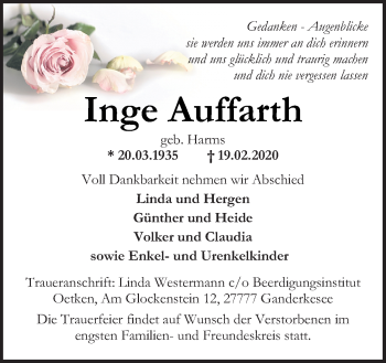 Traueranzeige von Inge Auffarth von Neue Osnabrücker Zeitung GmbH & Co. KG