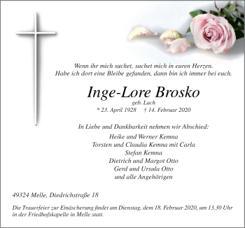 Traueranzeige von Inge-Lore Brosko von Neue Osnabrücker Zeitung GmbH & Co. KG