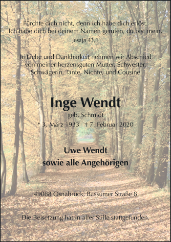 Traueranzeige von Inge Wendt von Neue Osnabrücker Zeitung GmbH & Co. KG